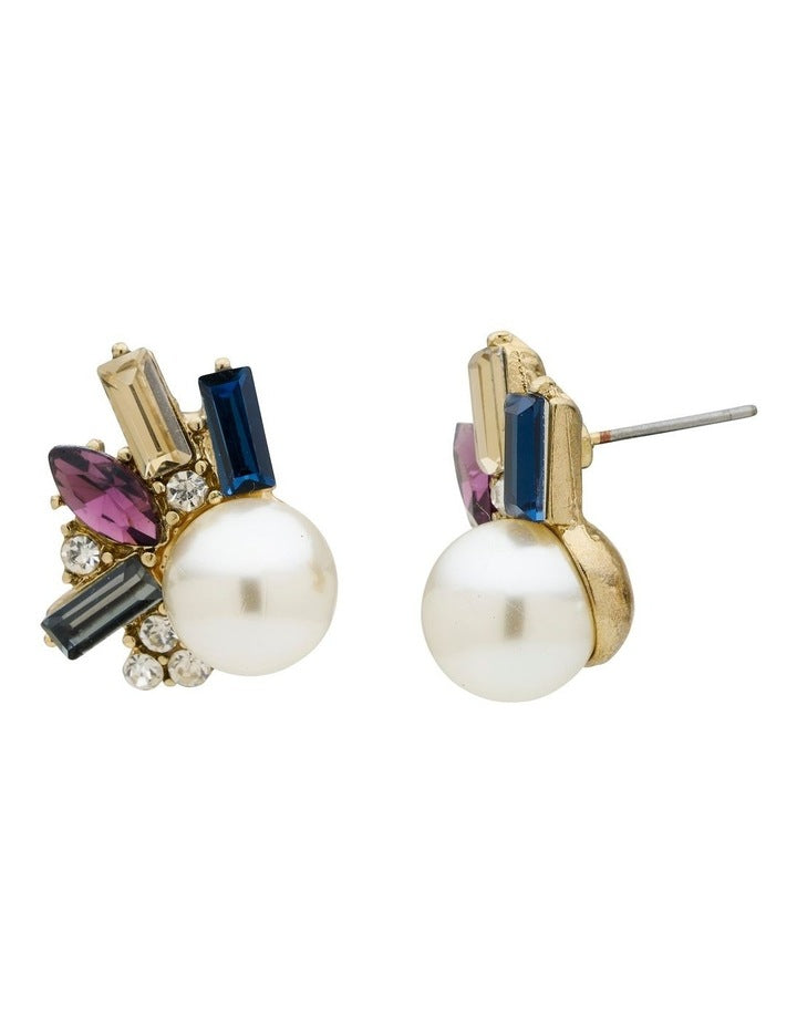 Pearl and Crystal Baguette Stud Earrings in Multicolour
