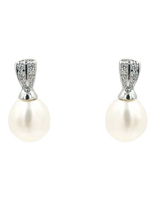 Sparkling Drop Pearl Earrings in White