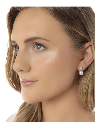 Sparkling Drop Pearl Earrings in White