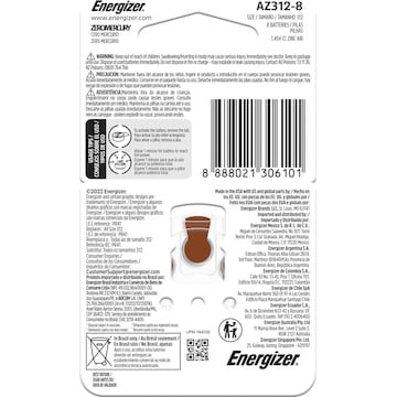 Energizer Hearing Aid Batteries 312 8 pack