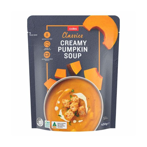 COLES CREAMY PUMPKIN POUCH SOUP:CREAMY PUMPKIN:.:430 GRAM