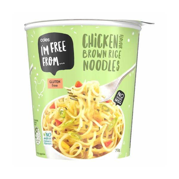 COLES I'M FREE FROM GLUTEN FREE BROWN RICE NOODLE CUPS:CHICKEN:.:70 GRAM