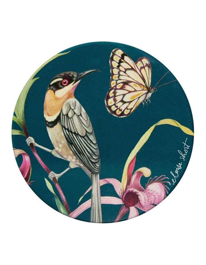 Eloise Short Lyric Ceramic Round Coaster 10cm Spinebill Honeyeater in Forest