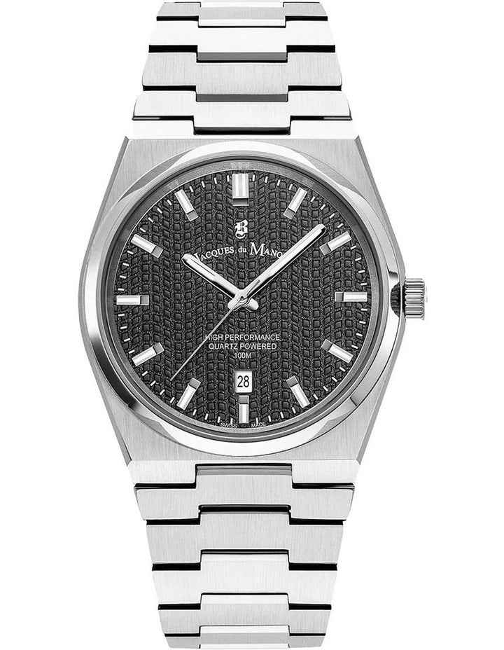 Swiss Horizon Water Resistant Black Dial Stainless Steel Watch 41mm 100m in Silver