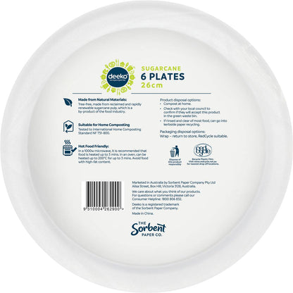 Deeko Sugarcane Plates 26cm 6 Pack