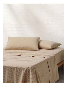Stonewashed Cotton Sheet Set in Soft Caramel Gingham