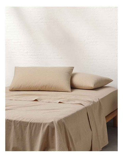 Stonewashed Cotton Sheet Set in Soft Caramel Gingham