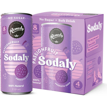 Remedy Passionfruit Sodaly Prebiotic Soda No Sugar Cans 250ml x4 Pack