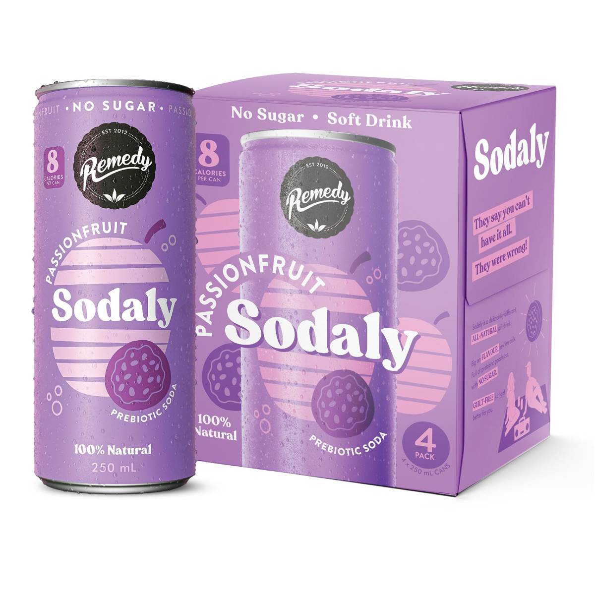 Remedy Passionfruit Sodaly Prebiotic Soda No Sugar Cans 250ml x4 Pack