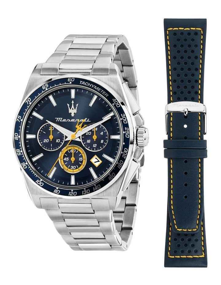 Velocita Chrono Dial Stainless Steel Strap And Leather Strap Watch 43mm in Silver