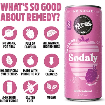 Remedy Raspberry Sodaly Prebiotic Soda No Sugar Cans 250mL x 4 pack
