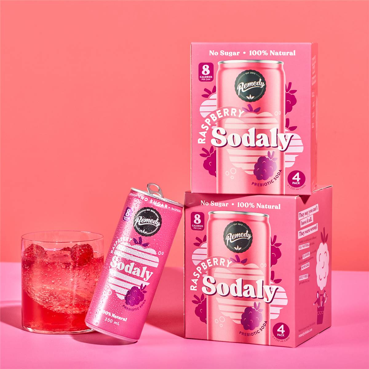 Remedy Raspberry Sodaly Prebiotic Soda No Sugar Cans 250ml x4 Pack