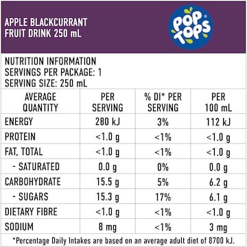Pop Tops Fruit Drink Apple Blackcurrant Poppers 250mL x 6 pack