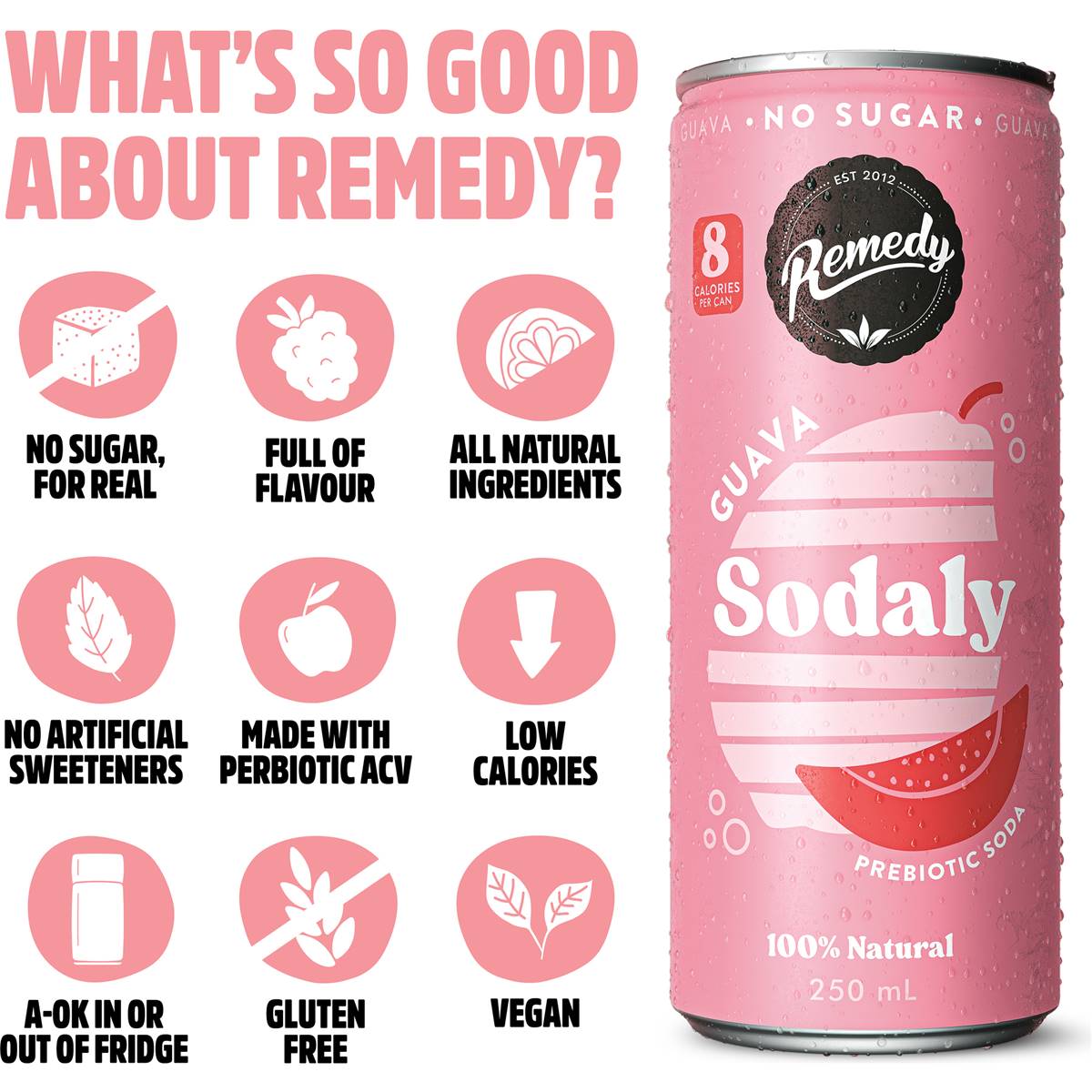 Remedy Guava Sodaly Prebiotic Prebiotic Soda No Sugar Cans 250ml x4 Pack