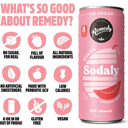 Remedy Guava Sodaly Prebiotic Prebiotic Soda No Sugar Cans 250ml x4 Pack