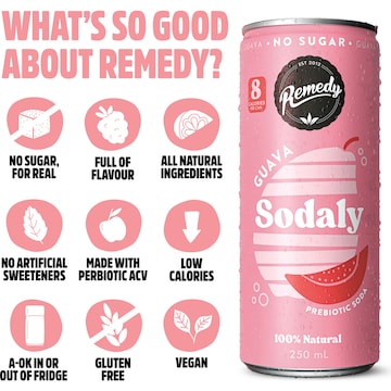 Remedy Guava Sodaly Prebiotic Soda Cans 250mL x 4 pack