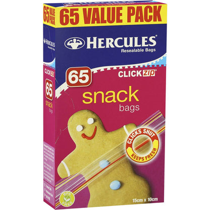 Hercules Click Zip Resealable Snack Size Sandwich Bags 65 pack
