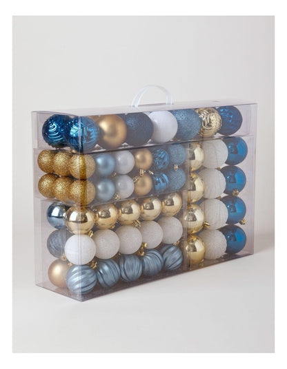 Luxe Christmas 100pk Shatterproof Baubles 5/6/7cm in Navy/Gold
