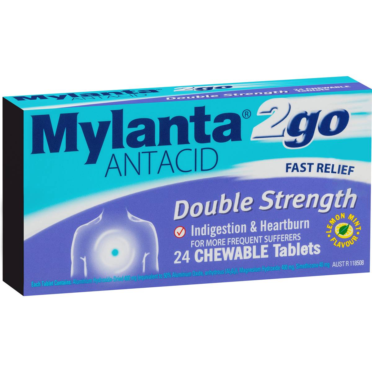 Mylanta 2go Antacid Double Strength Chewable Tablets Lemon Mint 24 Pack