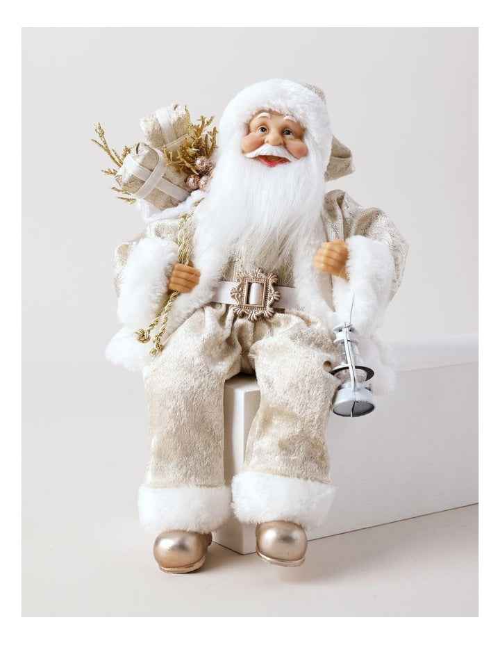 Luxe Christmas Faux Fur Sitting Santa with Lantern 30cm in Champagne