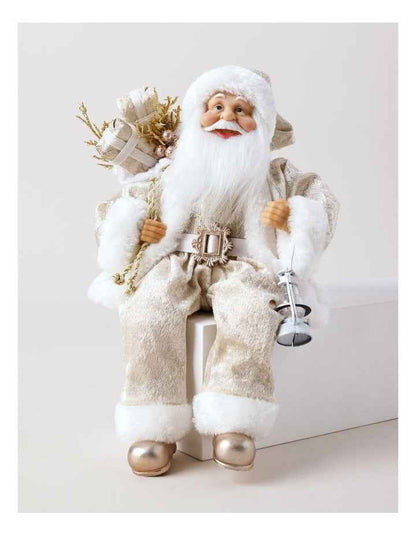 Luxe Christmas Faux Fur Sitting Santa with Lantern 30cm in Champagne