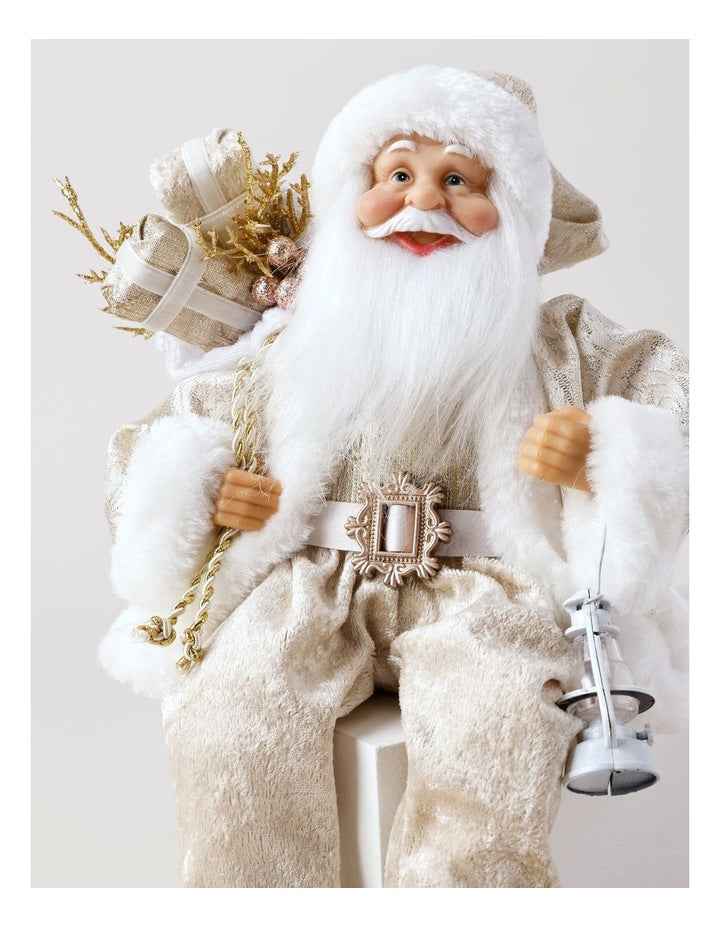 Luxe Christmas Faux Fur Sitting Santa with Lantern 30cm in Champagne