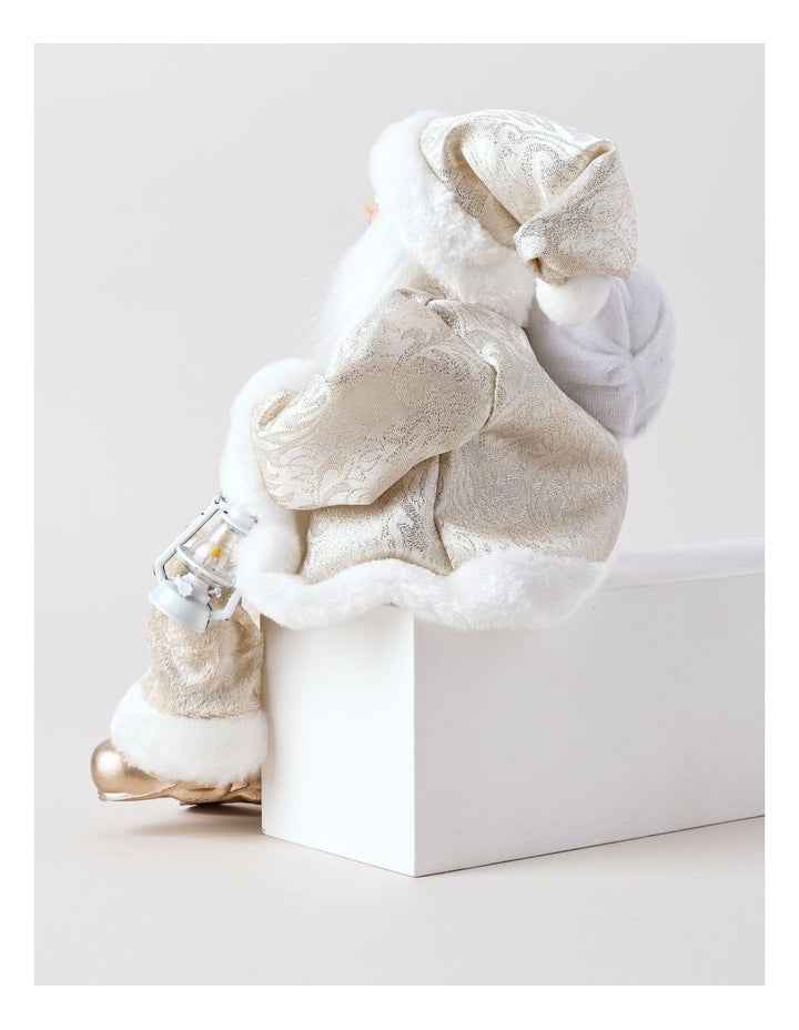 Luxe Christmas Faux Fur Sitting Santa with Lantern 30cm in Champagne