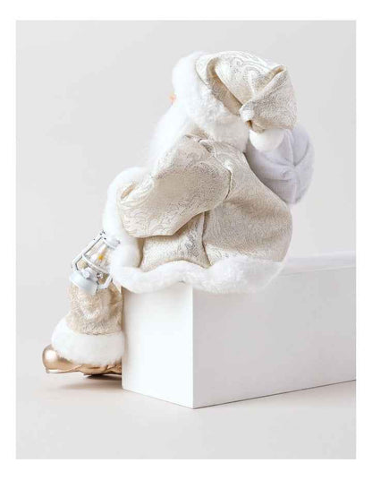 Luxe Christmas Faux Fur Sitting Santa with Lantern 30cm in Champagne