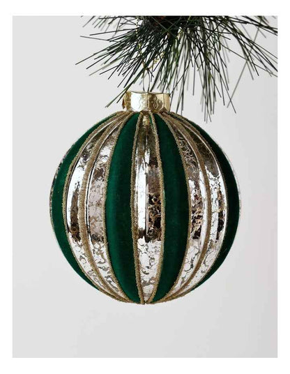 Heirloom Christmas Glass Mercurised Striped Bauble withFlocking 8cm in Green