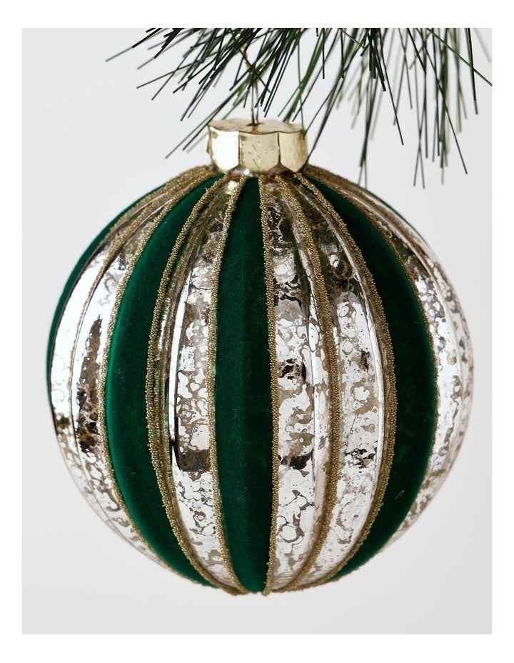 Heirloom Christmas Glass Mercurised Striped Bauble withFlocking 8cm in Green