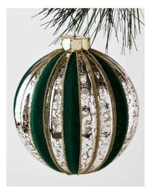 Heirloom Christmas Glass Mercurised Striped Bauble withFlocking 8cm in Green