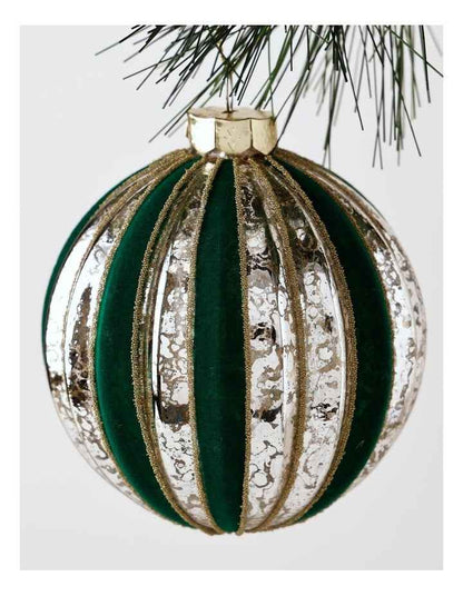 Heirloom Christmas Glass Mercurised Striped Bauble withFlocking 8cm in Green