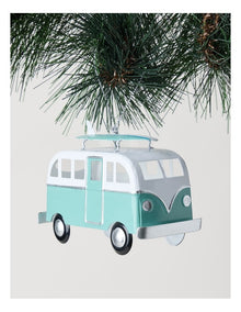 Eucalyptus Christmas Metal Bus with Surfboard Hanging Decoration 10cm in Blue/White