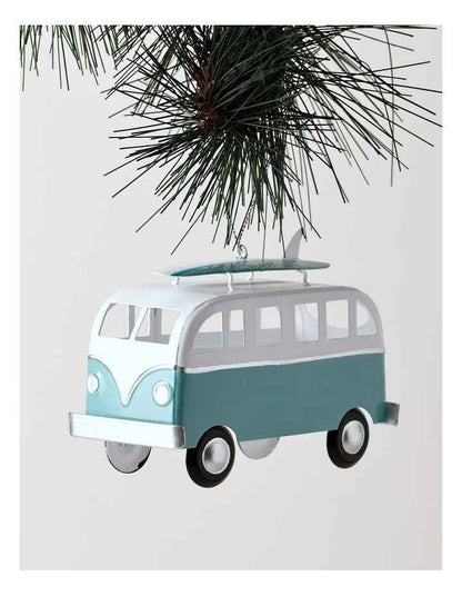Eucalyptus Christmas Metal Bus with Surfboard Hanging Decoration 10cm in Blue/White