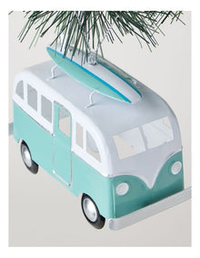 Eucalyptus Christmas Metal Bus with Surfboard Hanging Decoration 10cm in Blue/White