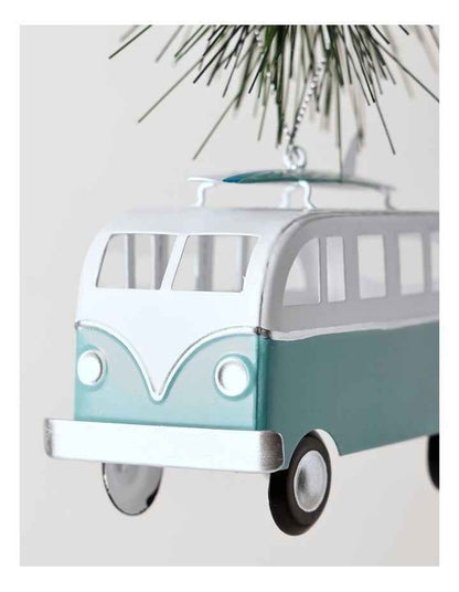 Eucalyptus Christmas Metal Bus with Surfboard Hanging Decoration 10cm in Blue/White