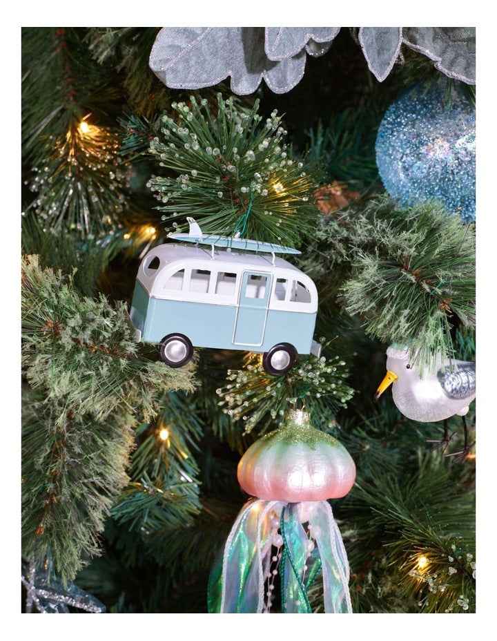 Eucalyptus Christmas Metal Bus with Surfboard Hanging Decoration 10cm in Blue/White