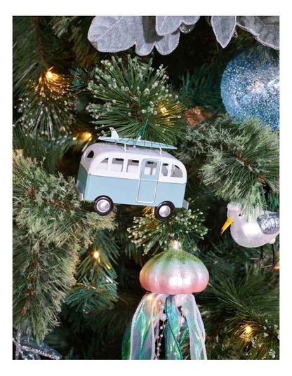Eucalyptus Christmas Metal Bus with Surfboard Hanging Decoration 10cm in Blue/White