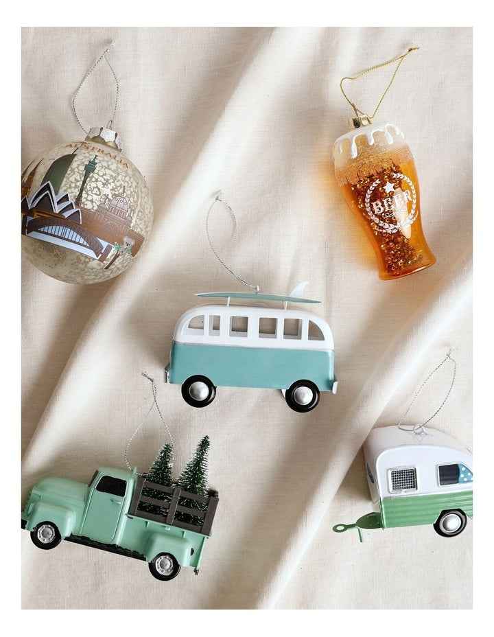 Eucalyptus Christmas Metal Bus with Surfboard Hanging Decoration 10cm in Blue/White