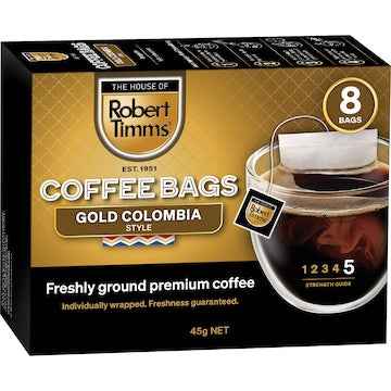 Robert Timms Gold Colombia Coffee Bags 8 pack