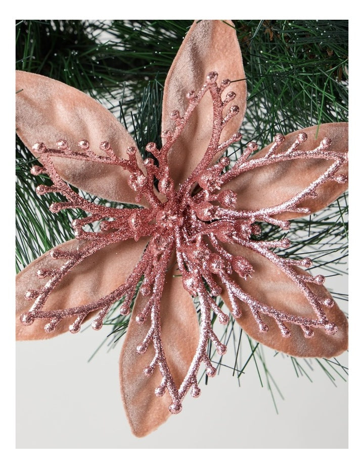 Luxe Christmas Velvet & Glitter Flower Clip 17cm in Pink