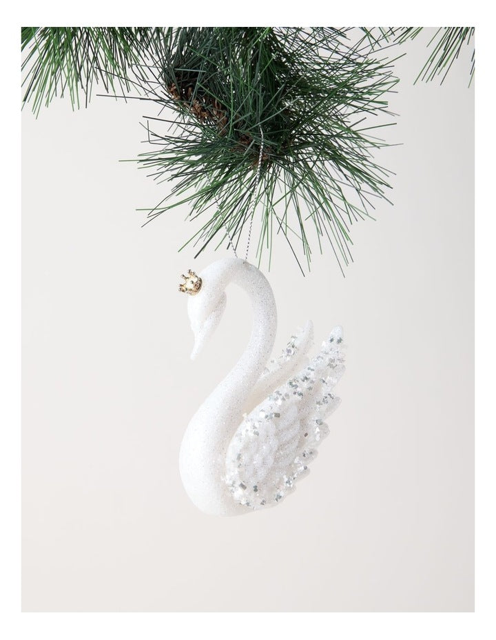 Luxe Christmas Embellished Plastic Swan Ornament 10cm in White/Silver