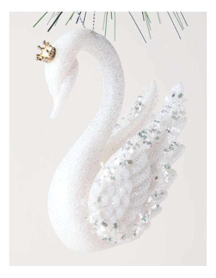 Luxe Christmas Embellished Plastic Swan Ornament 10cm in White/Silver