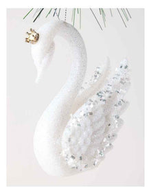 Luxe Christmas Embellished Plastic Swan Ornament 10cm in White/Silver