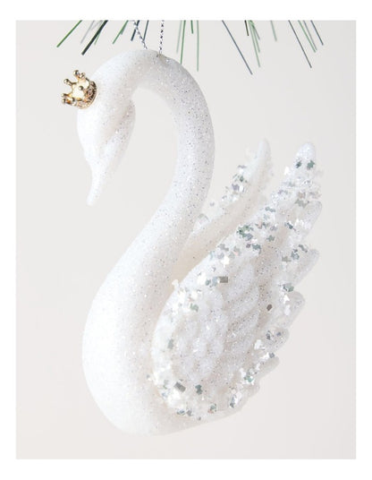 Luxe Christmas Embellished Plastic Swan Ornament 10cm in White/Silver