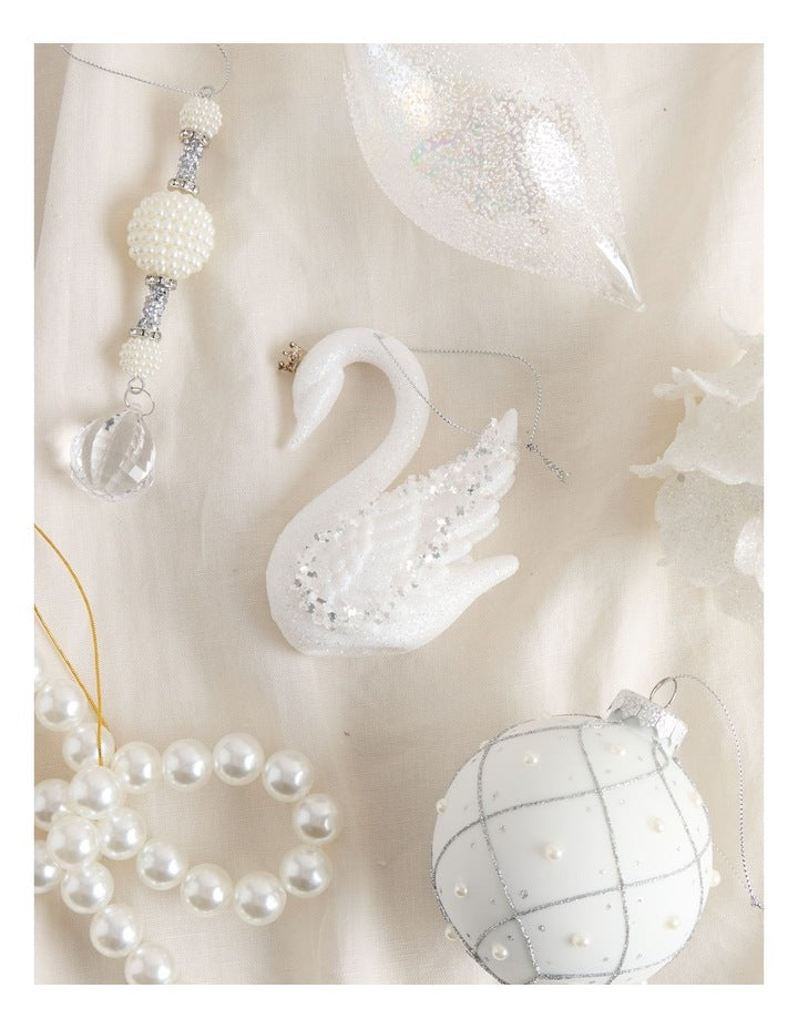 Luxe Christmas Embellished Plastic Swan Ornament 10cm in White/Silver