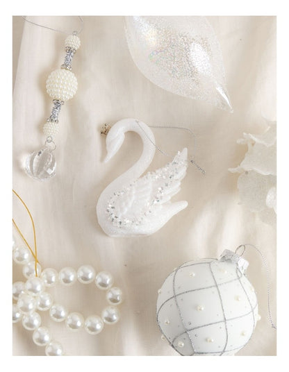 Luxe Christmas Embellished Plastic Swan Ornament 10cm in White/Silver