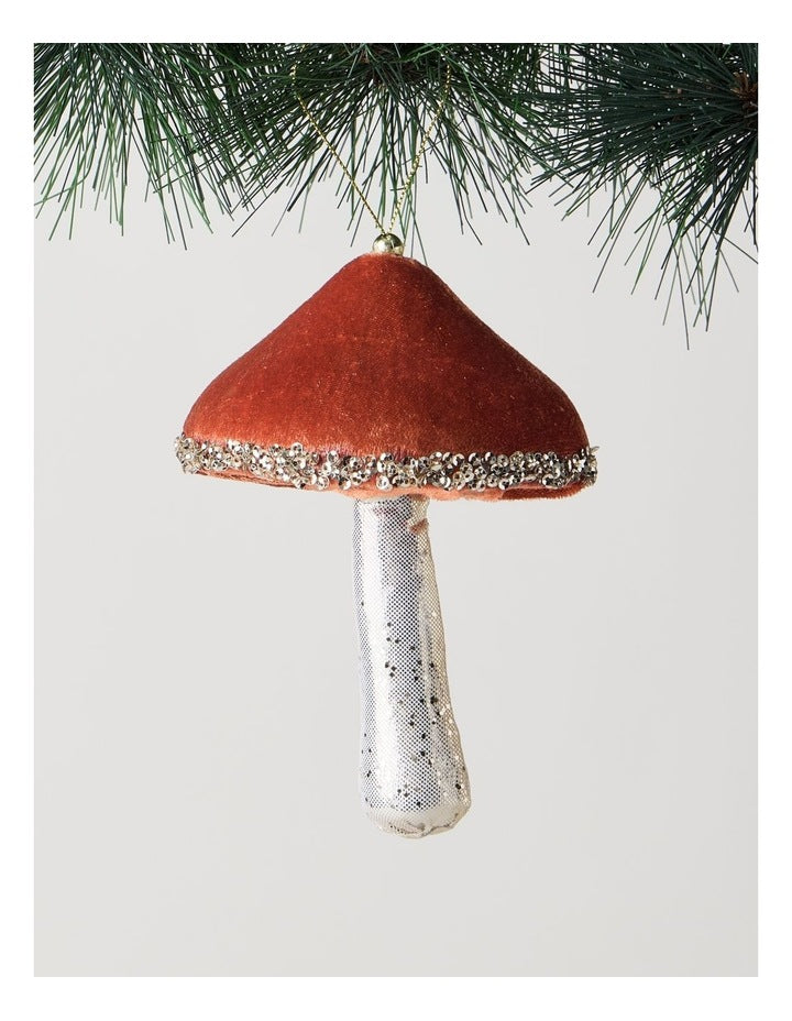 Harvest Christmas Velvet Mushroom Ornament 14cm in Brown