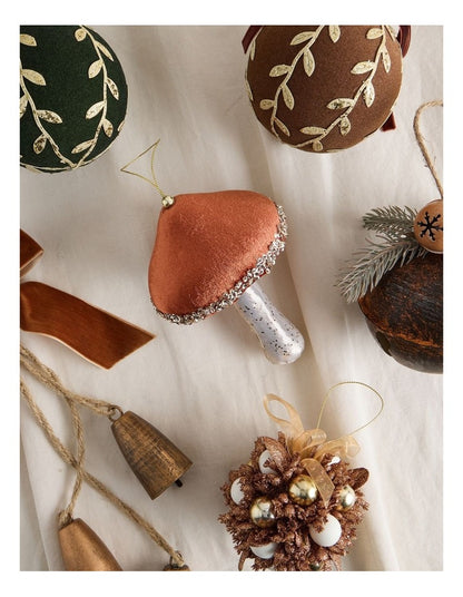 Harvest Christmas Velvet Mushroom Ornament 14cm in Brown