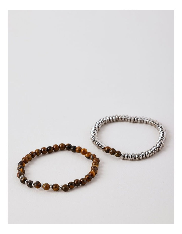 Thin Beaded Bracelet 2Pk in Brown